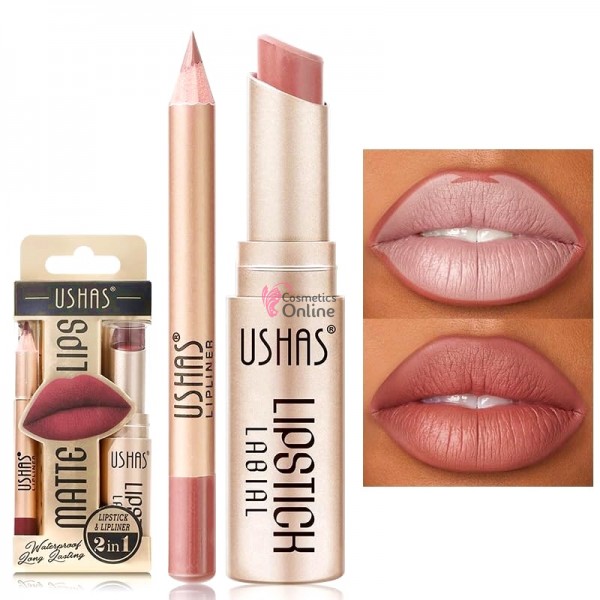 Ruj solid pentru buze 2 in1 USHAS GOLD Long Lasting Matte & LipLiner Cod 10B Deep Coral